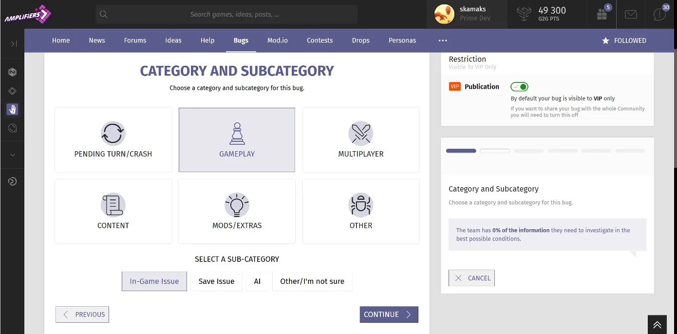 Structured bug report form with categories