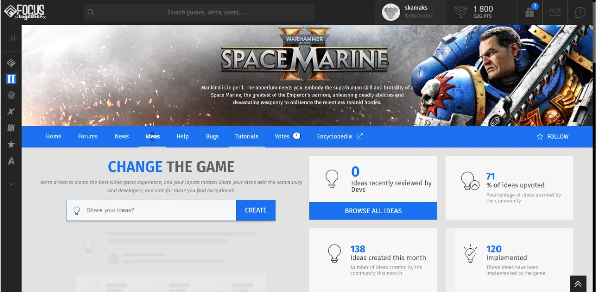 Ideation page where players share and upvote ideas