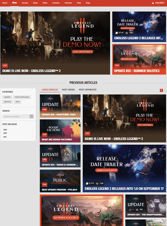 News and updates page of a game community